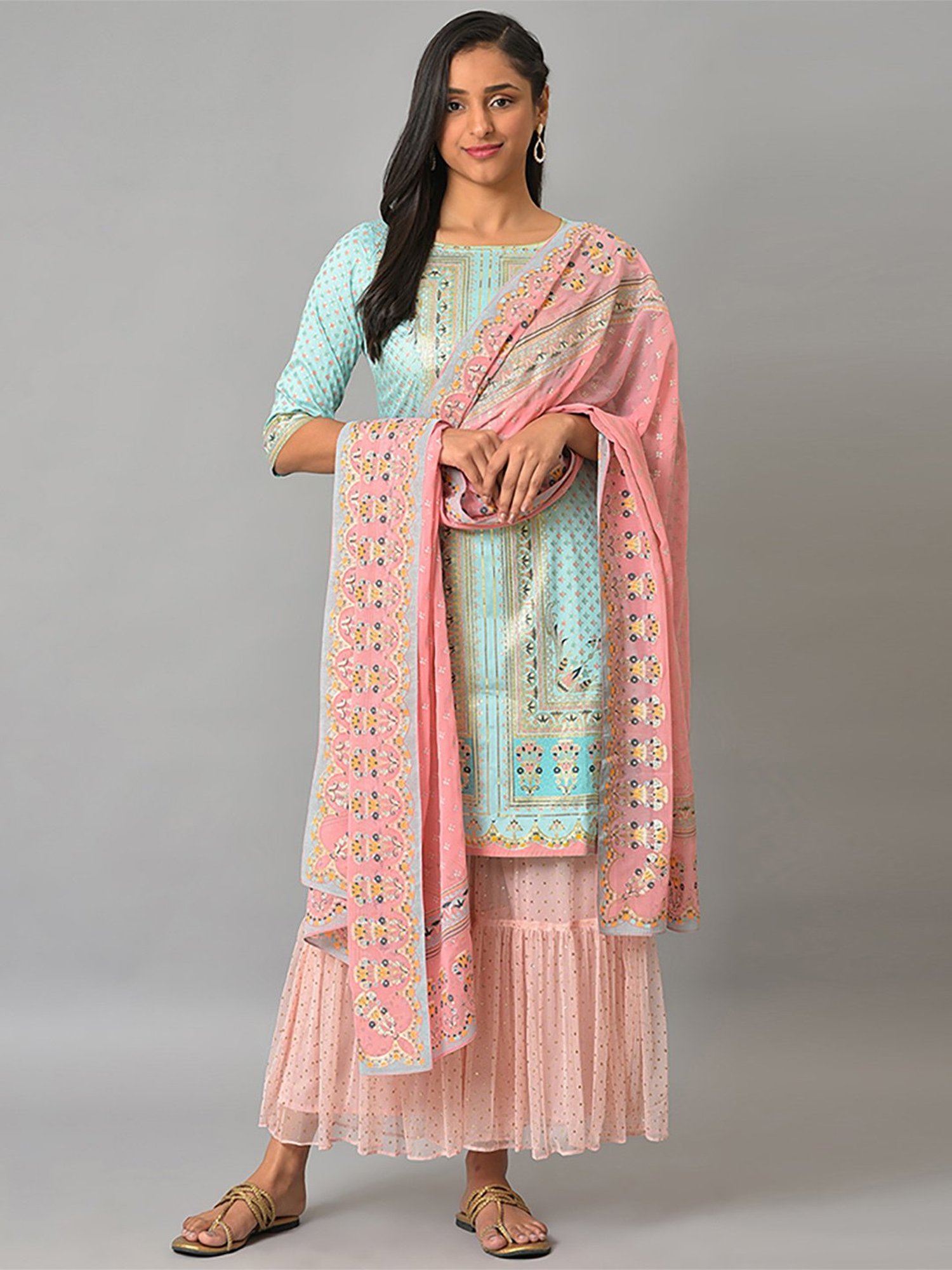 Aurelia Women Blue Floral Print Viscose Kurta Set with Sharara & Dupatta