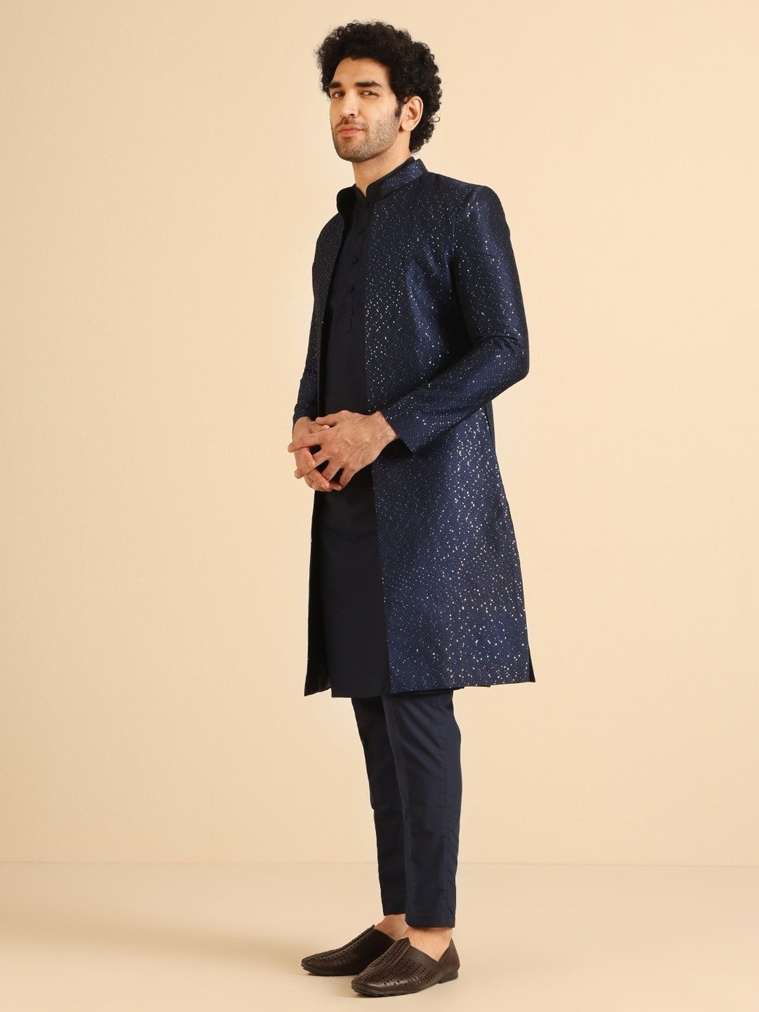 Kisah Navy Regular Fit Embroidered Sherwani Set
