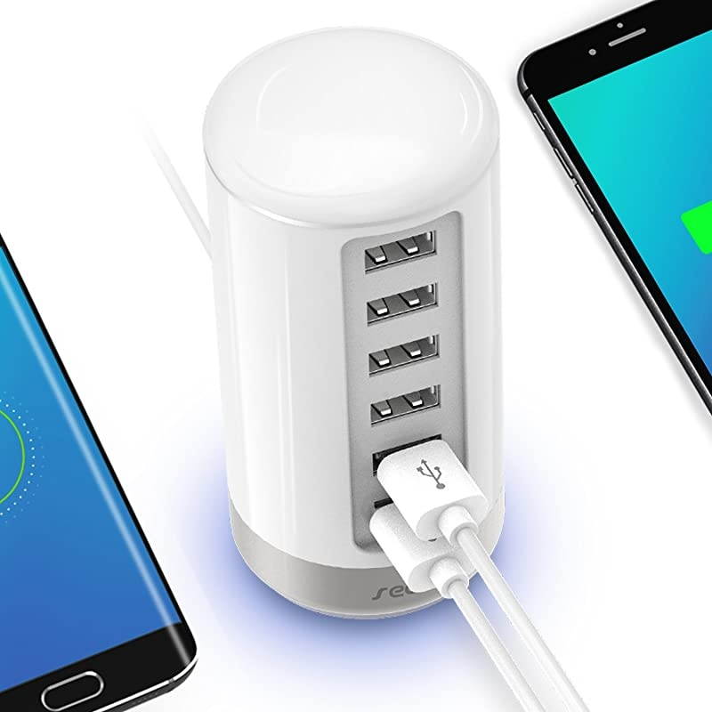 USB Wall Charger, USB Phone Charger - 6-Port Multi USB Charger with Smart Identification - White