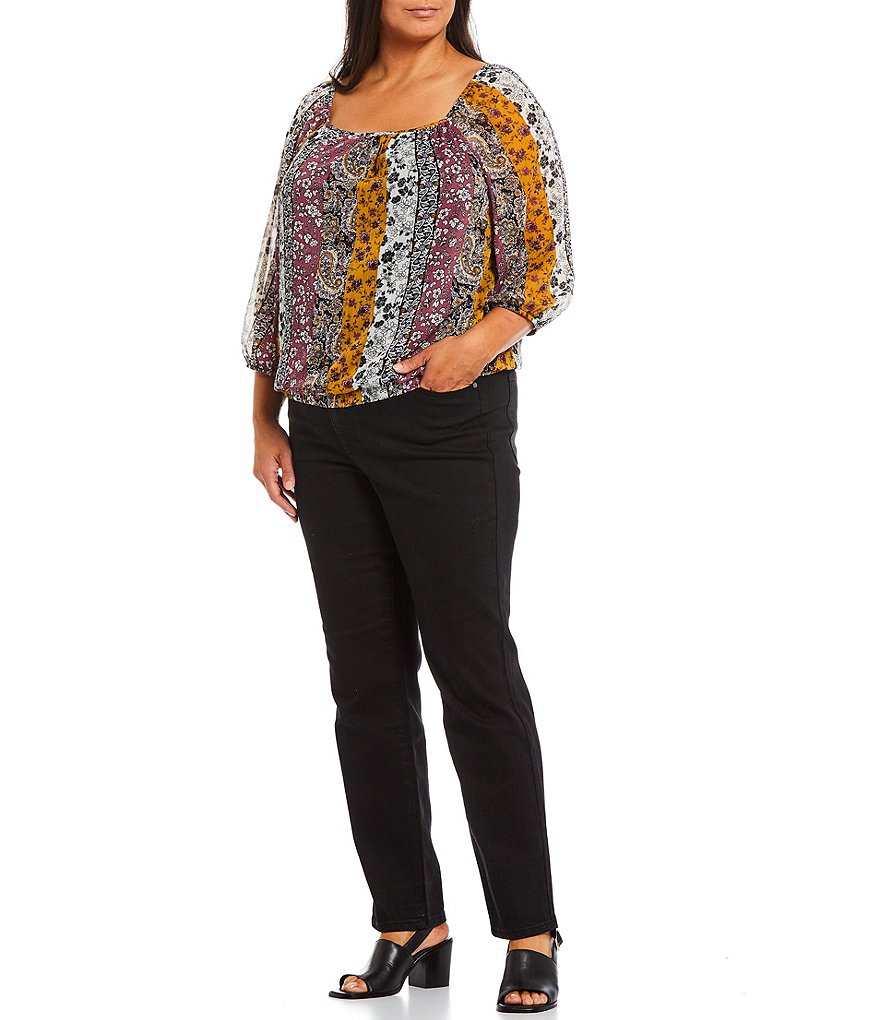 I.N. Studio Plus Size Paisley Floral Print Yoryu Square Neck Elastic Band Hem 3/4 Blouson Sleeve Top