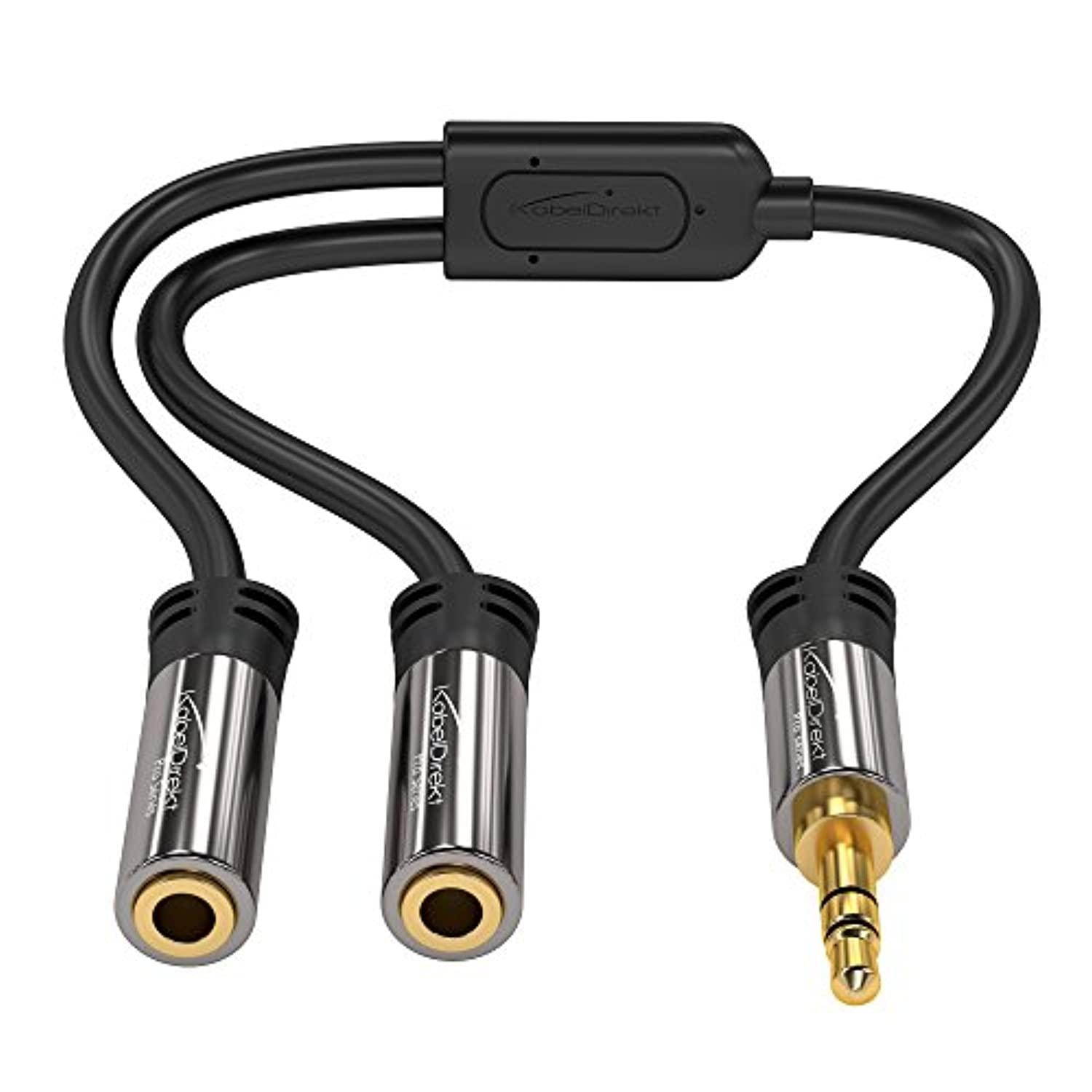 kabeldirekt pro series y stereo splitter  1 x 3.5mm male to 2 x 3.5mm female  y cable splitter produces equal audio output for headphones, earphones, and speakers 0.5ft, black
