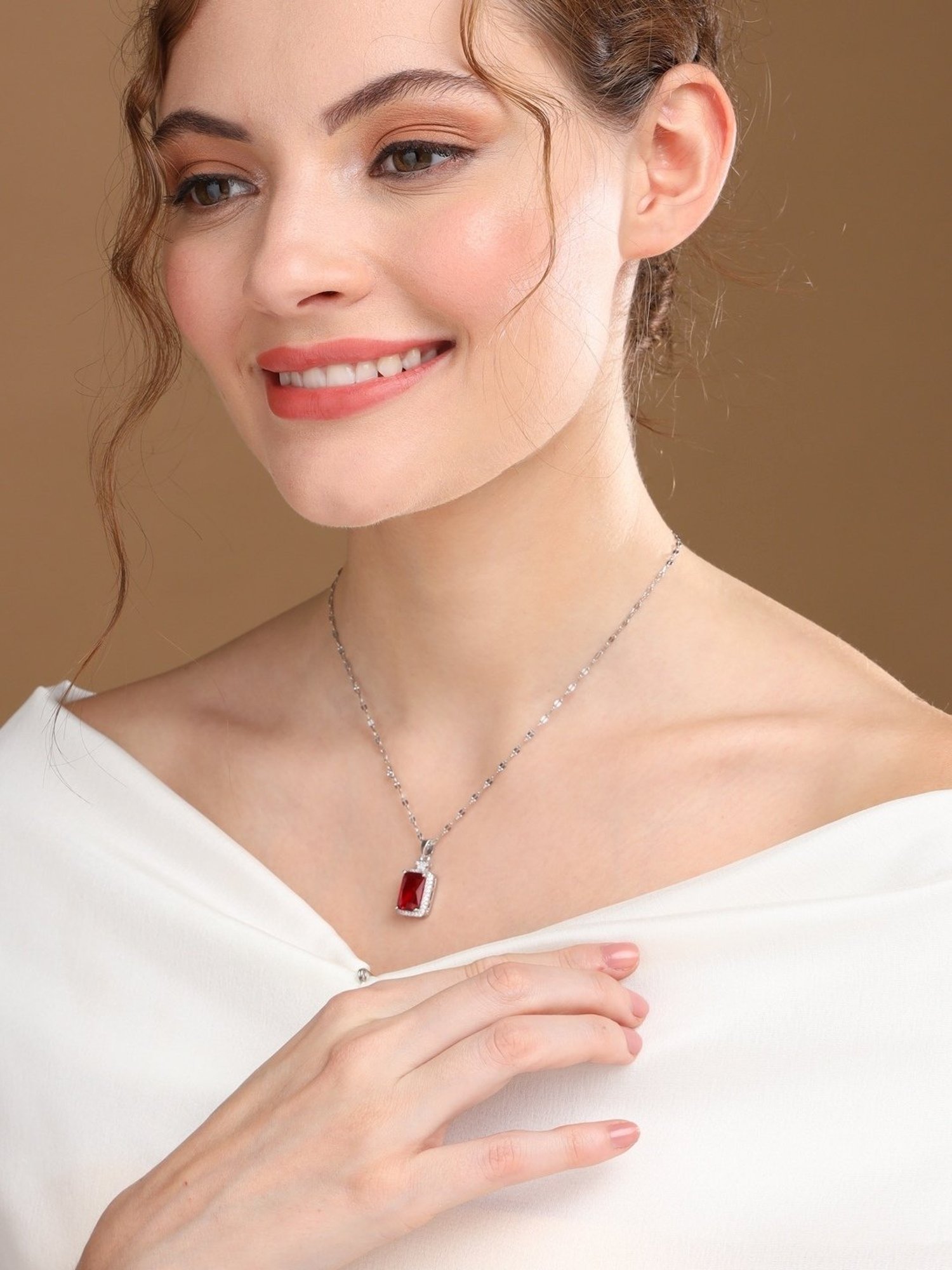 Prita by Priyaasi Red Solitaire Long Link Silver-Plated Necklace