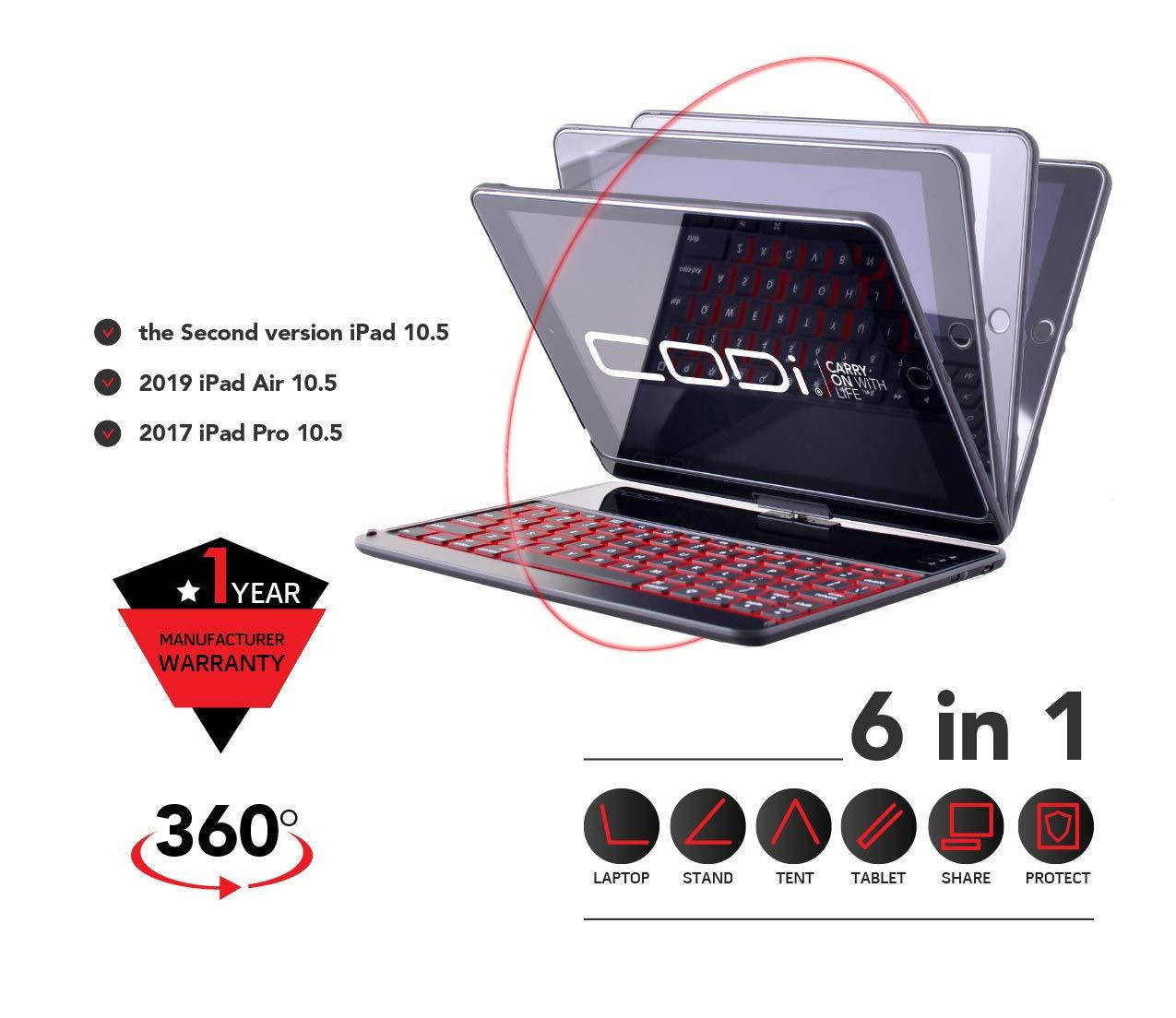 CODi Backlit Bluetooth Keyboard Case for Apple iPad Pro 10.5'' or 2019 iPad Air with 360&deg; Rotating View and Secure Closure with Smart Cover Functionality (C30708504) (10.5 inch)