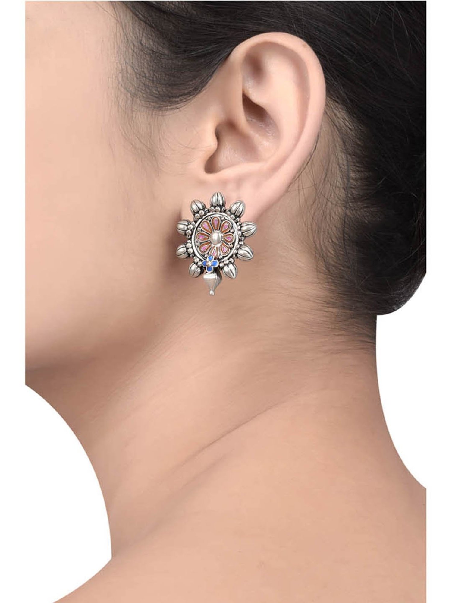 Tribe Amrapali Pink & Blue Flower Chakra Stud Earrings