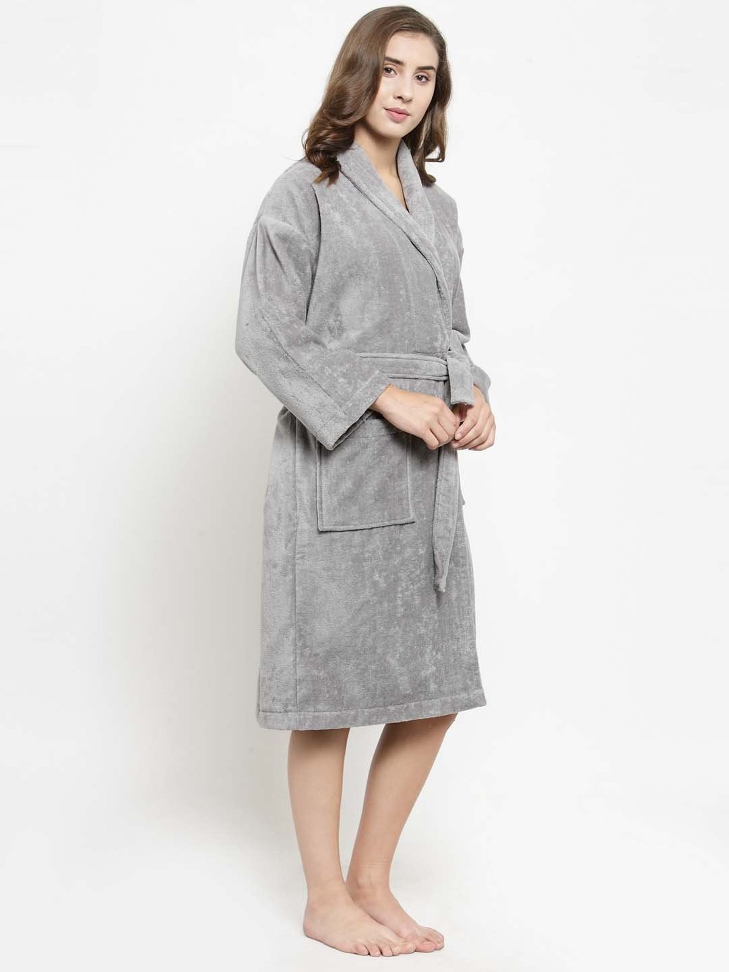 Trident Cloud Grey Cotton 350 GSM Bathrobe for Women (Large)