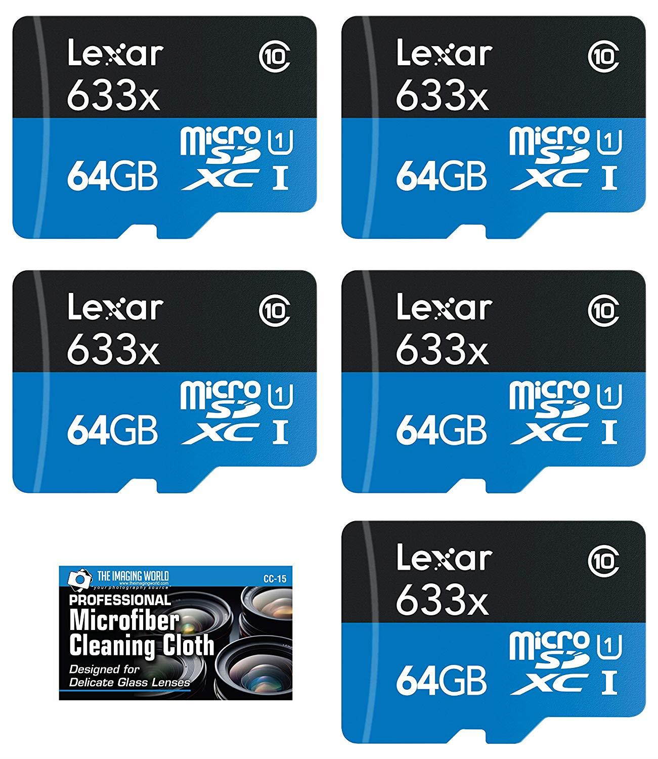 Lexar 64GB microSDXC UHS-I U1 Class 10 633X High-Performance Memory Card for HD Video, 3D and 4D with SD Adapter - 5 Pack + Microfiber Cloth