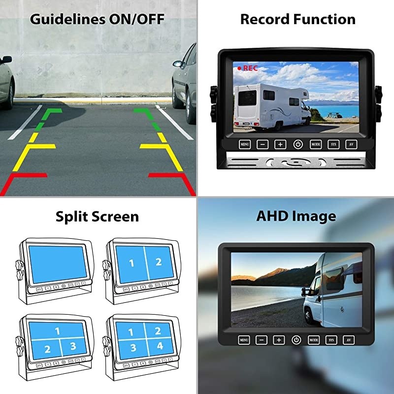 Backup Camera with 7" Touch Button Monitor Built-in Recorder for RV Semi Box Truck Trailer Motorhome, FHD DVR Screen + Waterproof Rear & Side View Backing Up Camera System for Reversing/Driving