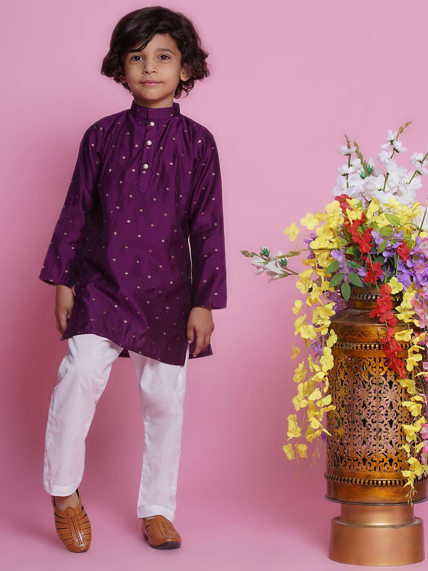 Little Bansi Boys Purple & White Self Design Full Sleeves Kurta with Pyjamas