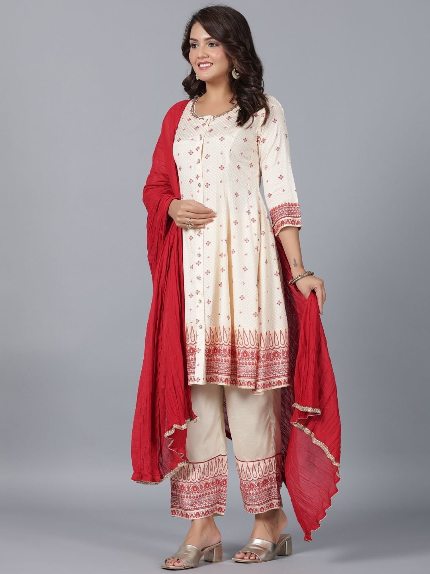 Juniper Beige Ethnic Motif Print Viscose Shantoon Kurta,Pants & Dupatta Set With Beads & Sequins
