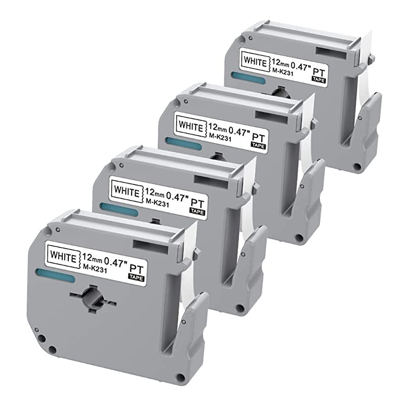 Compatible Label Tape Replacement for Brother Ptouch M-Tape M231 M-K231 MK231(12mm) 0.47Inch x (8m)26.2 Feet, Black on White Work with Ptouch PT-M95 PT-90 PT70 PT-65 PT85 4 Pack