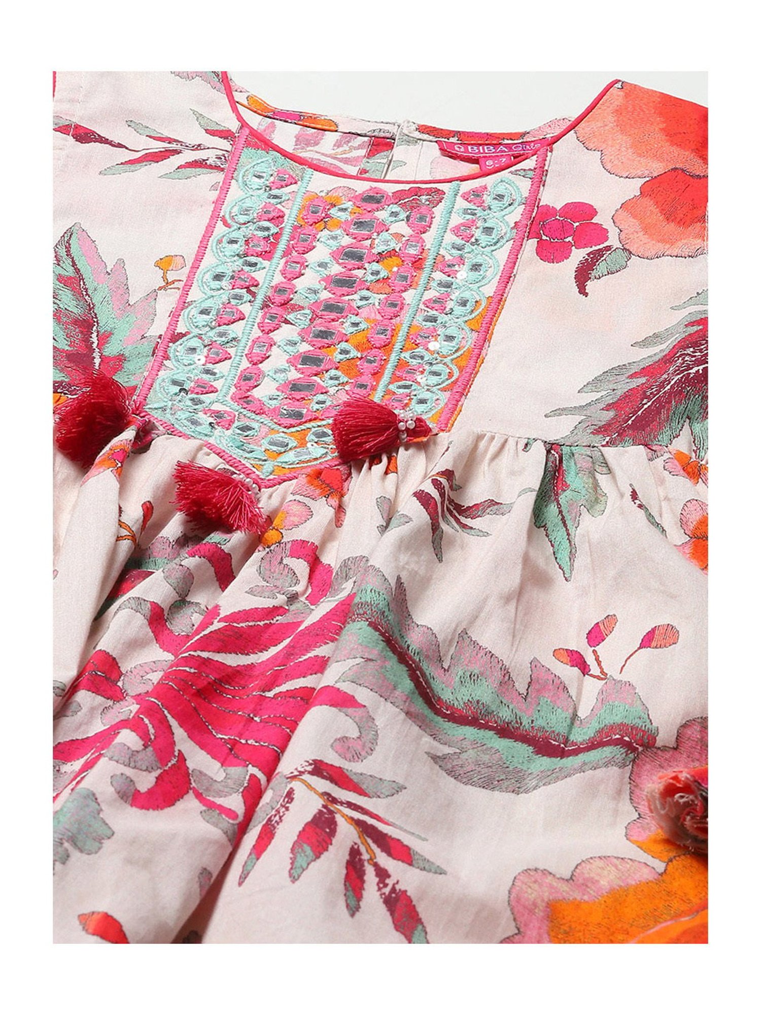 BIBA Girls White & Pink Printed Kurta, Sharara with Dupatta