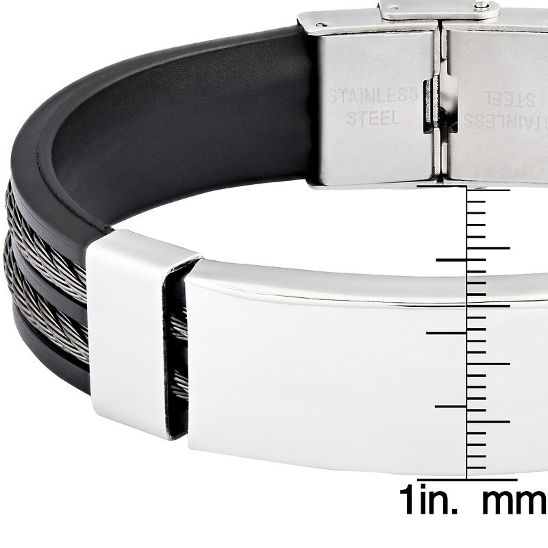 Men's Hematite Stainless Steel Cable Inlay ID Rubber Bracelet (15mm) - Black/Silver (8.5")