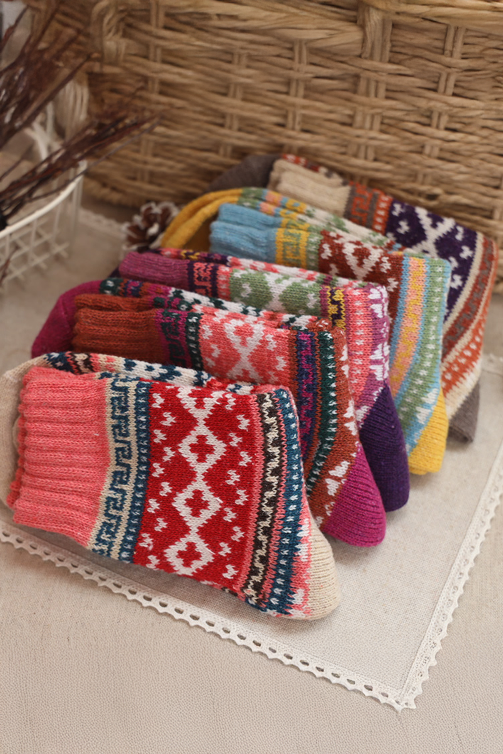 Camel Vintage Geometric Striped Warm Winter Socks