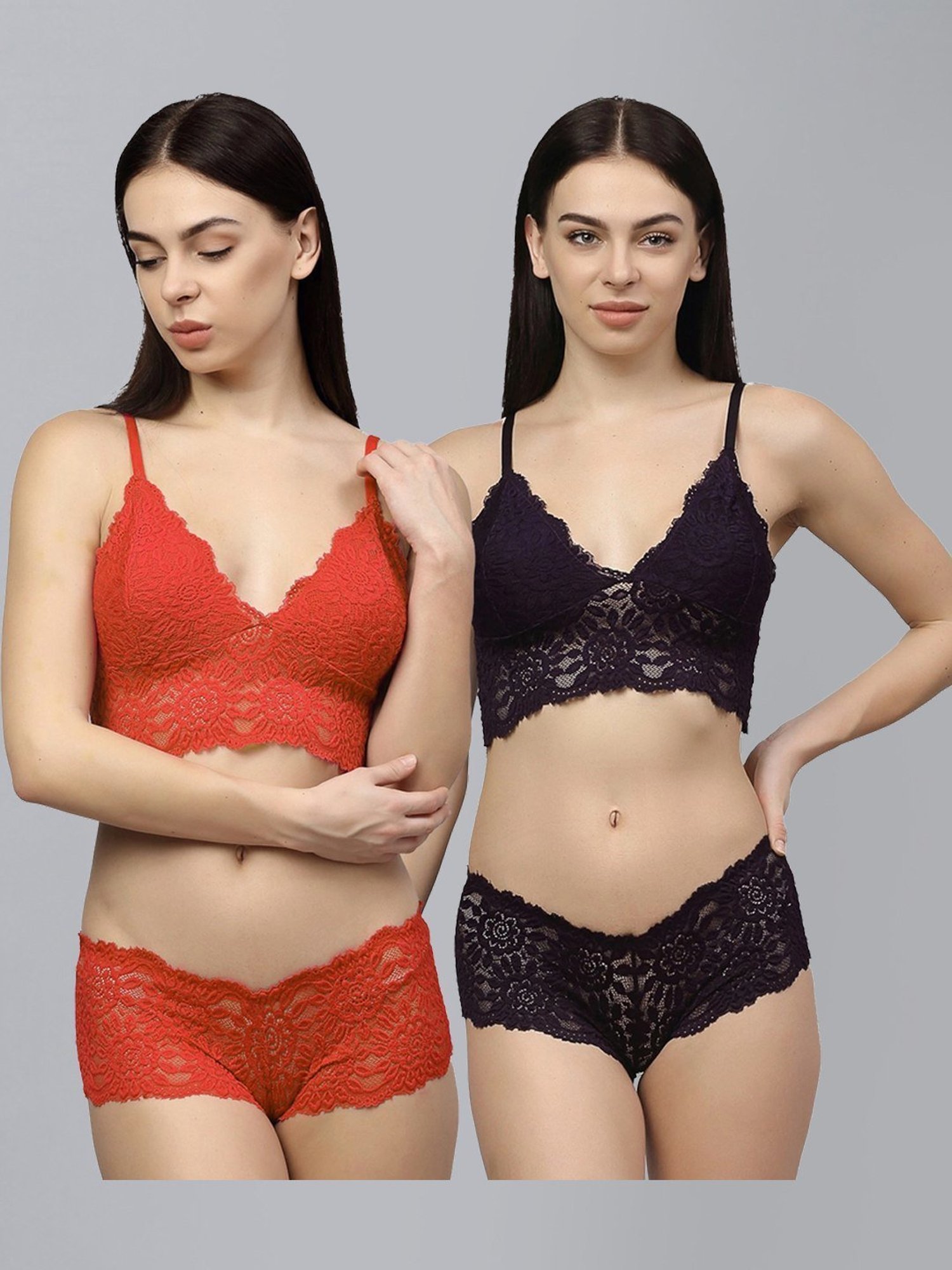 AROUSY Red & Black Self Pattern Bra Panty Set - Pack Of 2