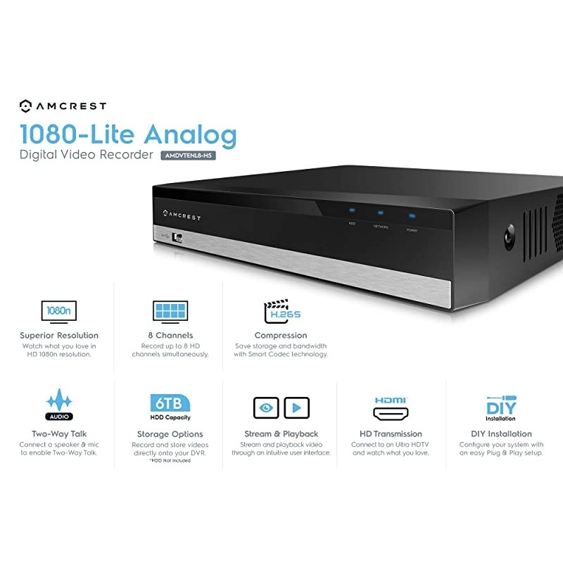 1080Lite 8CH DVR Video Security Digital Recorder HD Pentabrid 51 Supports 960HHDCVIHDTVIAHD and  IP Cameras HDD Cameras NOT Included Security Camera System AMDVTENL8H5