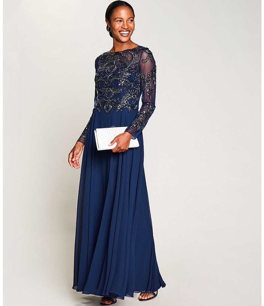 Xscape Jewel Neck Long Sleeve Beaded Bodice Chiffon Gown