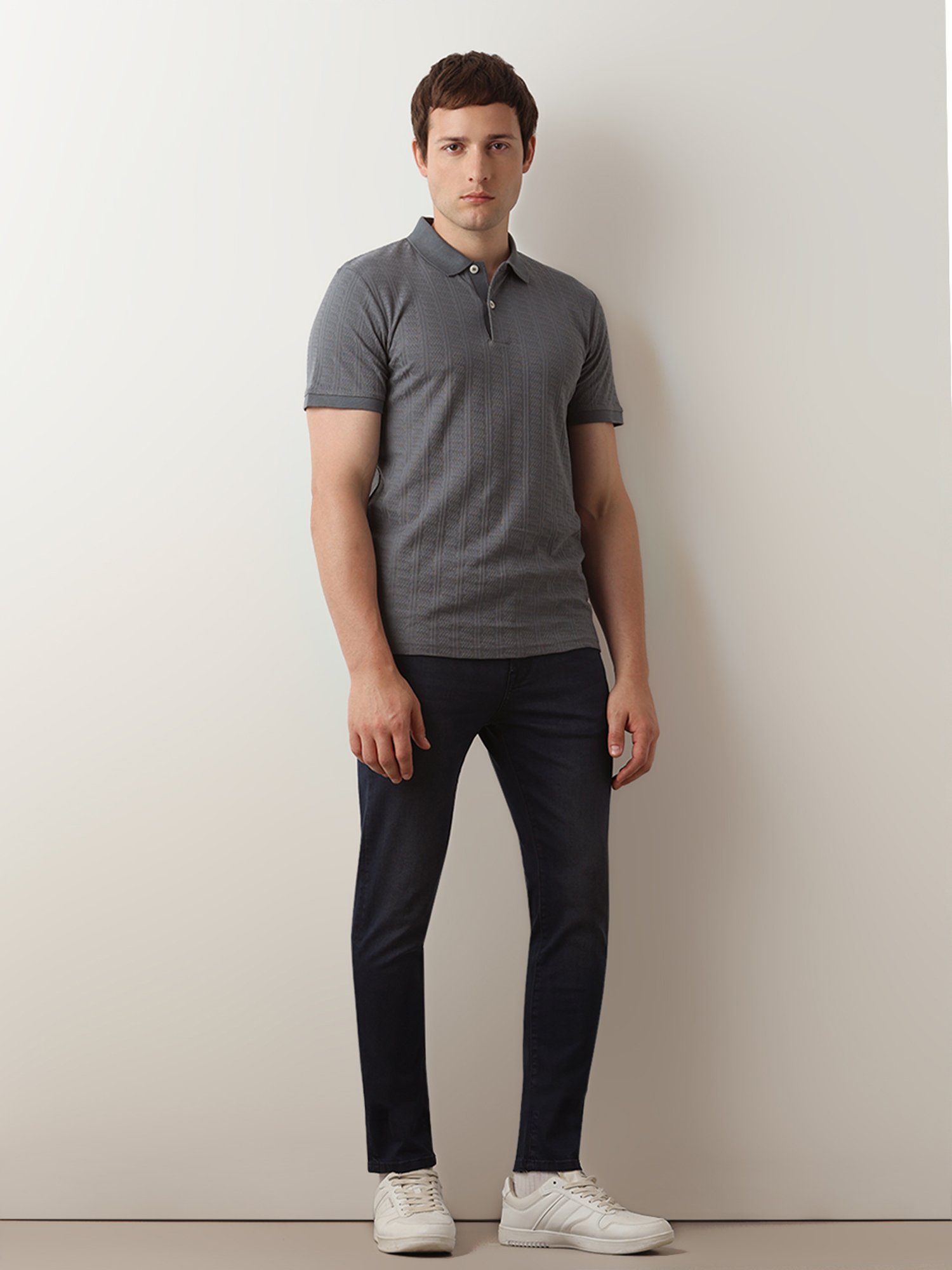 SELECTED HOMME Steel Blue Slim Fit Self Design Cotton Polo T-Shirt