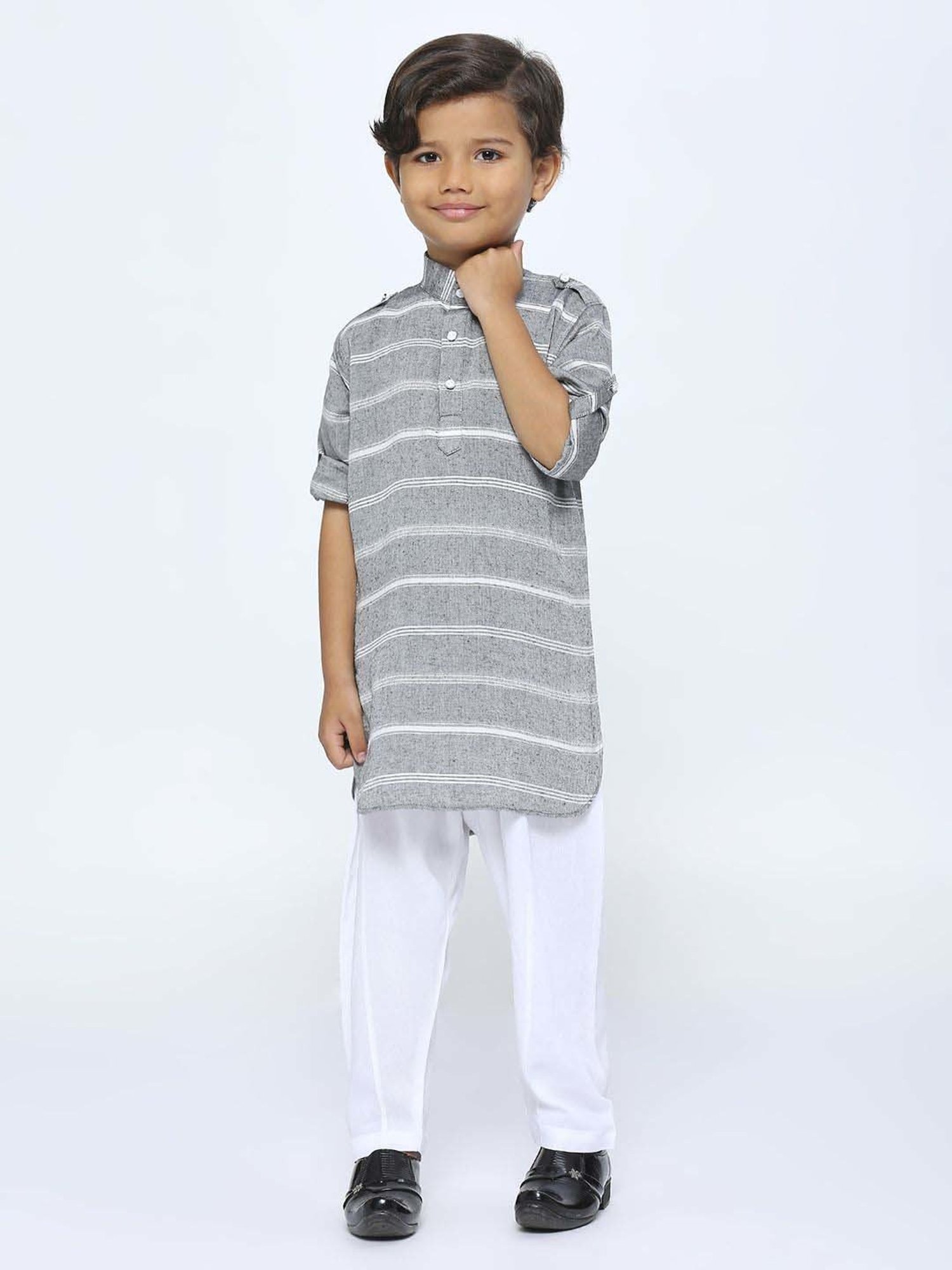 Kids Island Boys Grey & White Striped Full Sleeves Kurta Set