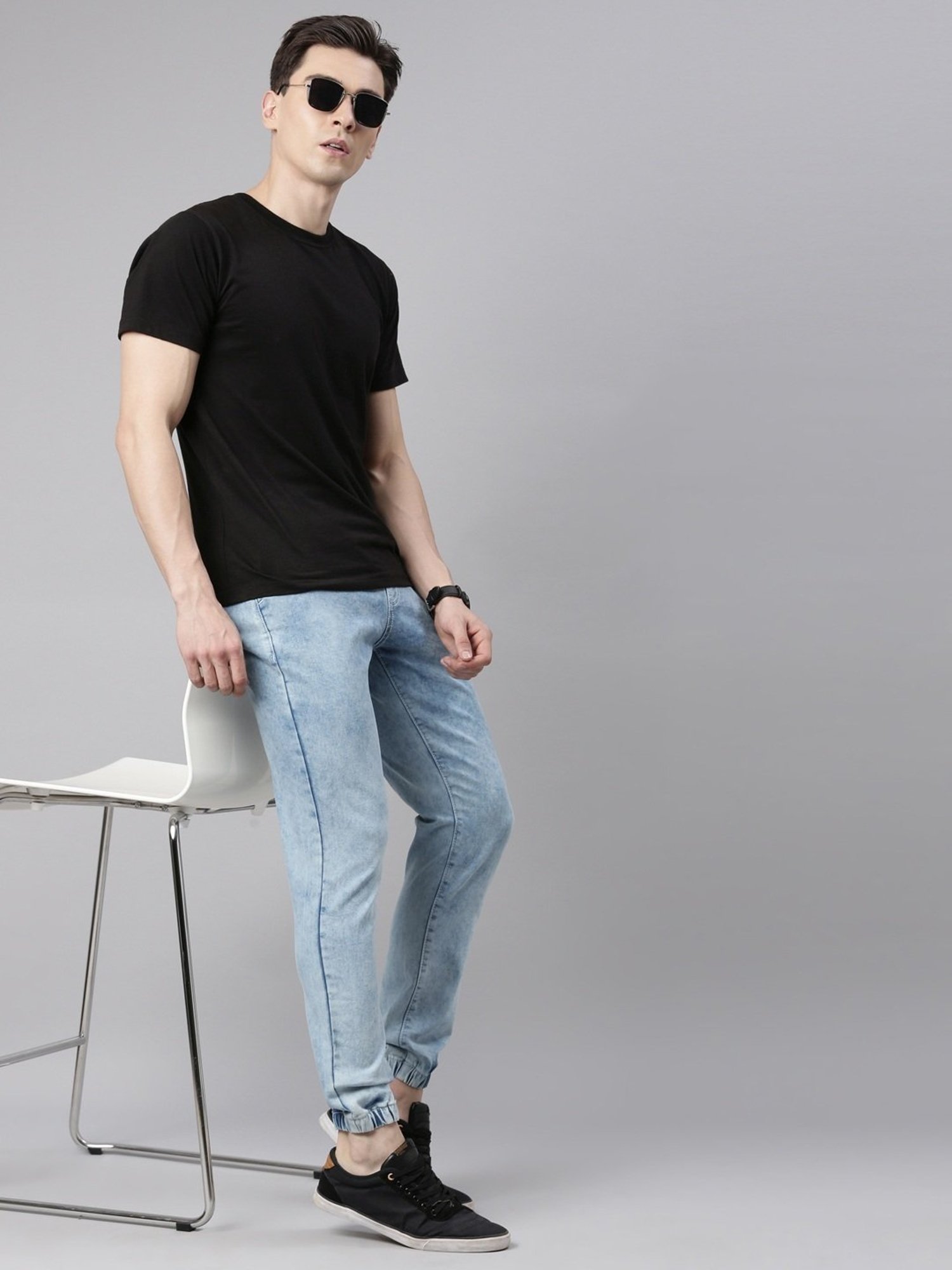 CINOCCI Light Blue Cotton Slim Fit Jogger Jeans