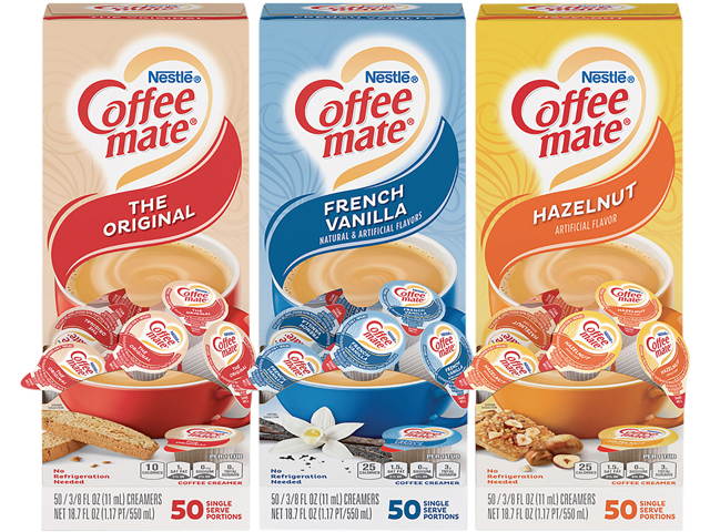 Coffee-mate 46193CT Liquid Coffee Creamer, French Vanilla/Hazelnut/Original, 0.38 oz. Mini Cups, 150 Cups/Carton