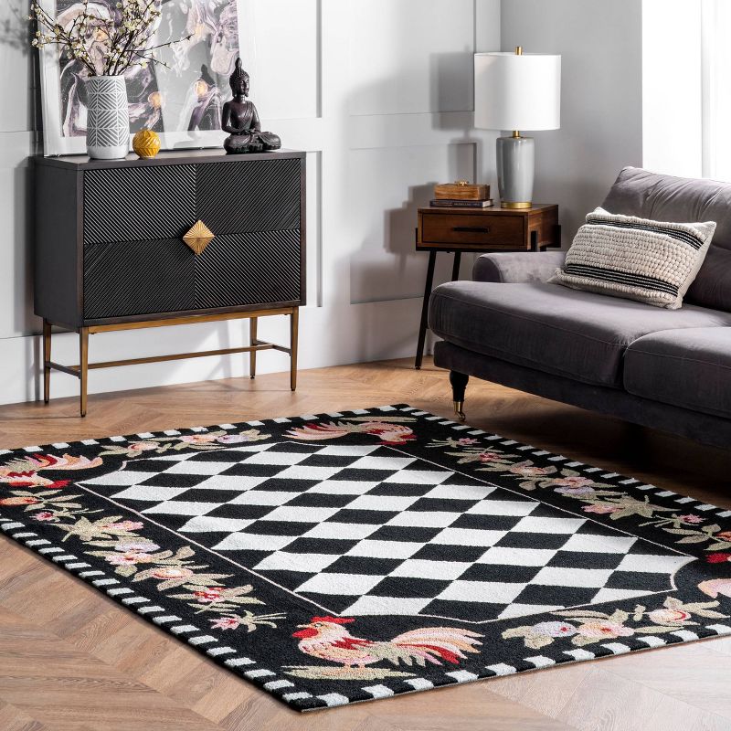 3'6"x5'6" Angla Rooster Kitchen Area Rug Black - nuLOOM