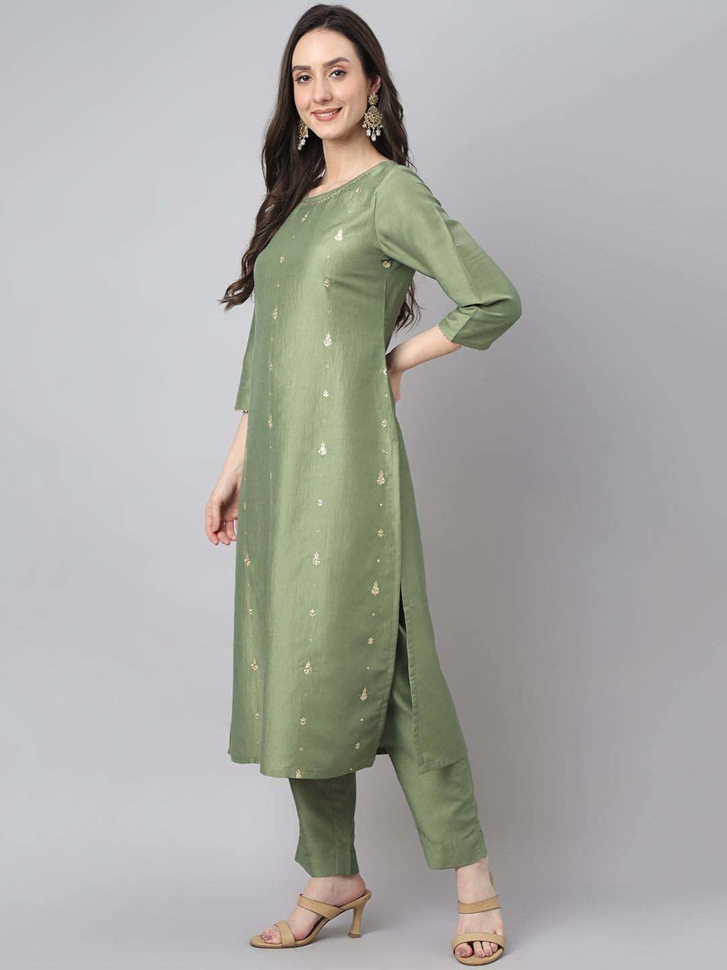Janasya Green Embroidered Kurta & Pant Set With Dupatta