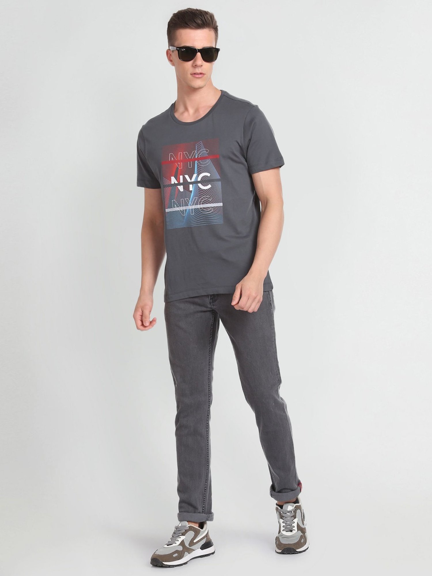 Arrow New York Grey Cotton Regular Fit Printed T-Shirt