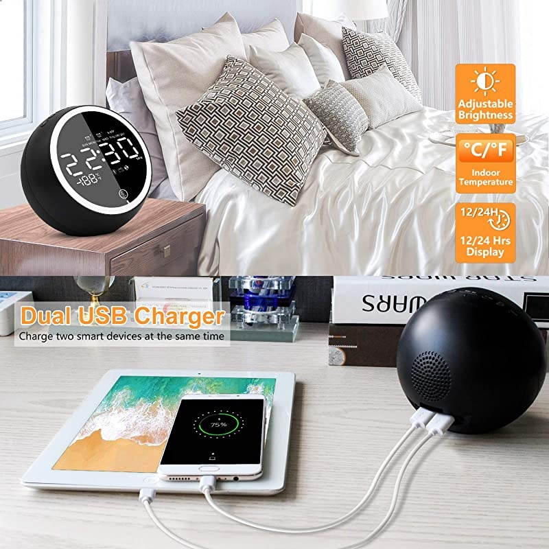 Alarm Clock Radio,Bluetooth V5.0,Hi-Fi Speaker,Dual Alarms with Snooze,Digital Display with dimmer,Dual USB Output Ports,FM Radio with Sleep Timer,Night Light,Clock for bededrooms