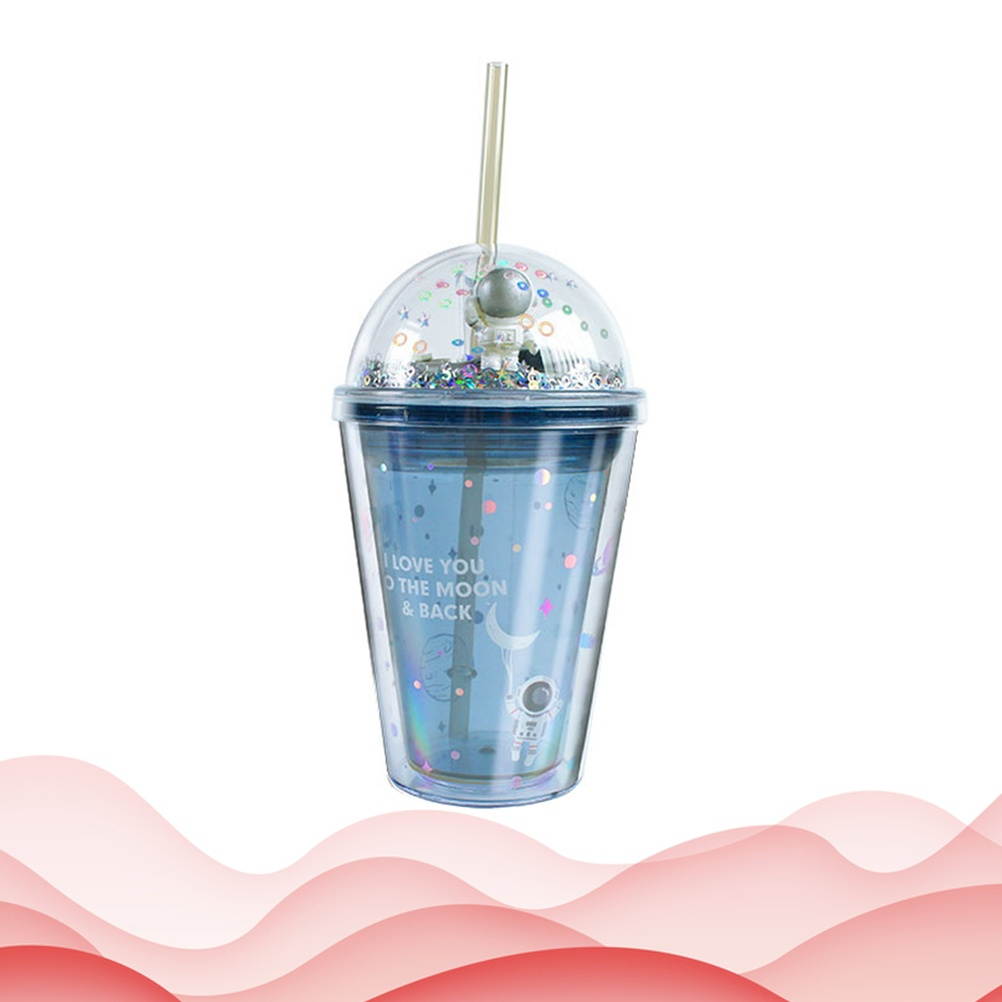 1pc Plastic Cup Cartoon Straw Cup Portable Double Layer Drinking Cup Creative Space Odyssey Pattern Bottles(380ml)