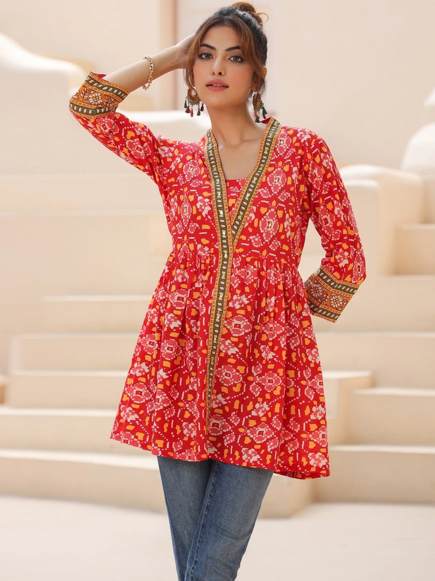 Rain and Rainbow Red Cotton Printed Top