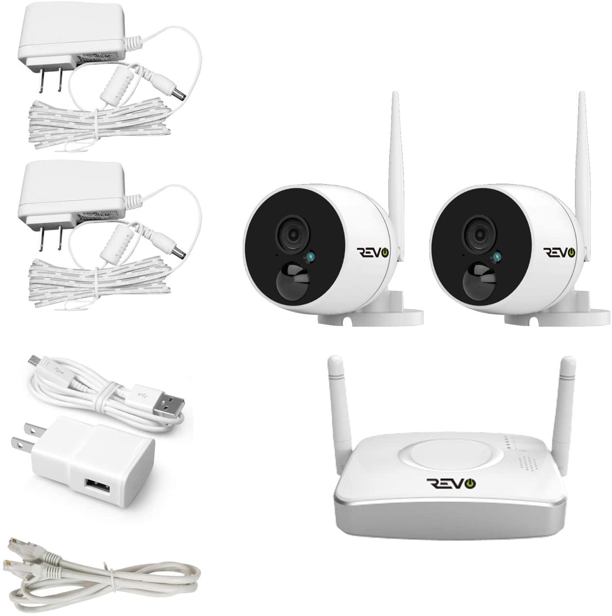 RevoAmerica 4 Ch. Wireless Gateway Security System, 32GB Micro SD Card & 2 X 1080P Audio Capable Bullet Cameras, Built-in PIR - Remote Access via Smart Phone, Tablet and PC, 4 Channel Wi-Fi Gateway