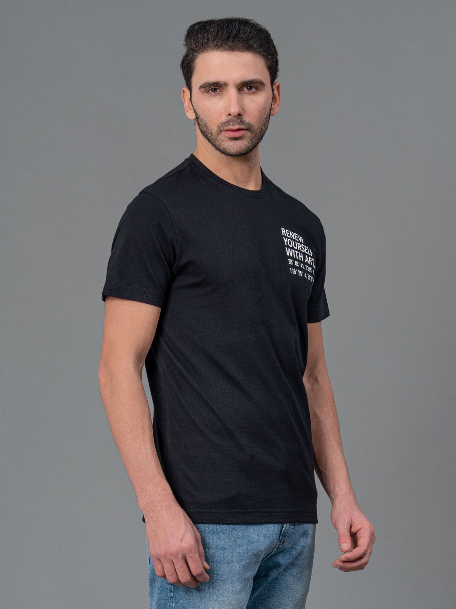 Red Tape Black Regular Fit Graphic Print Cotton Crew T-Shirt