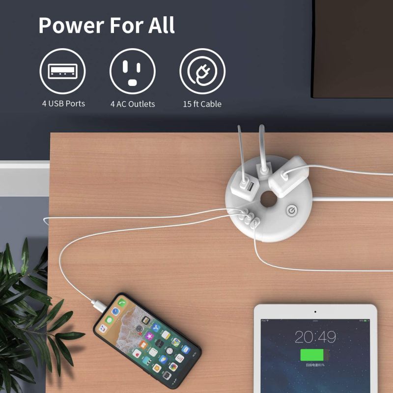 Power Strip with USB - Travel Power Strip Flat Plug 15 ft Extra Long Extension Cord 3 Outlet 3 USB Desktop Charging Station Wall Mount for Home Dorm Room Office and Nightstand - White