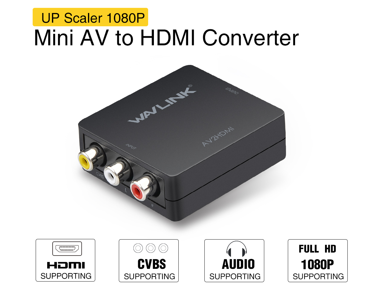 Wavlink 1080P Mini AV to HDMI Converter Adapter RCA Composite CVSB AV to HDMI Video Audio AV2HDMI Converter Support PAL/ NTSC SECAM with USB Cable for TV/ PC/ PS3/ STB/ Xbox VHS / VCR / DVD - Black