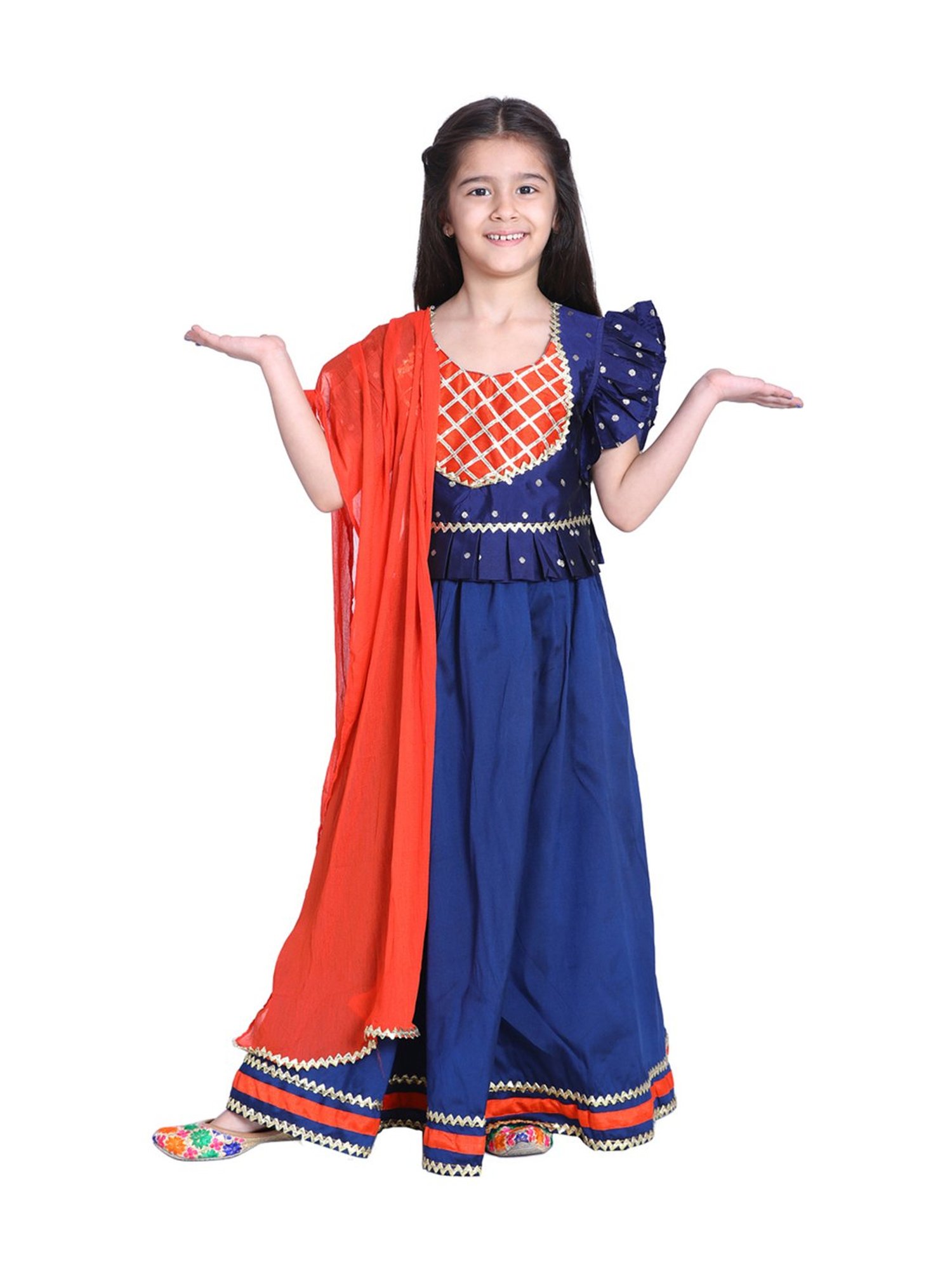 BownBee Kids Blue Zari Work Lehenga Choli With Dupatta