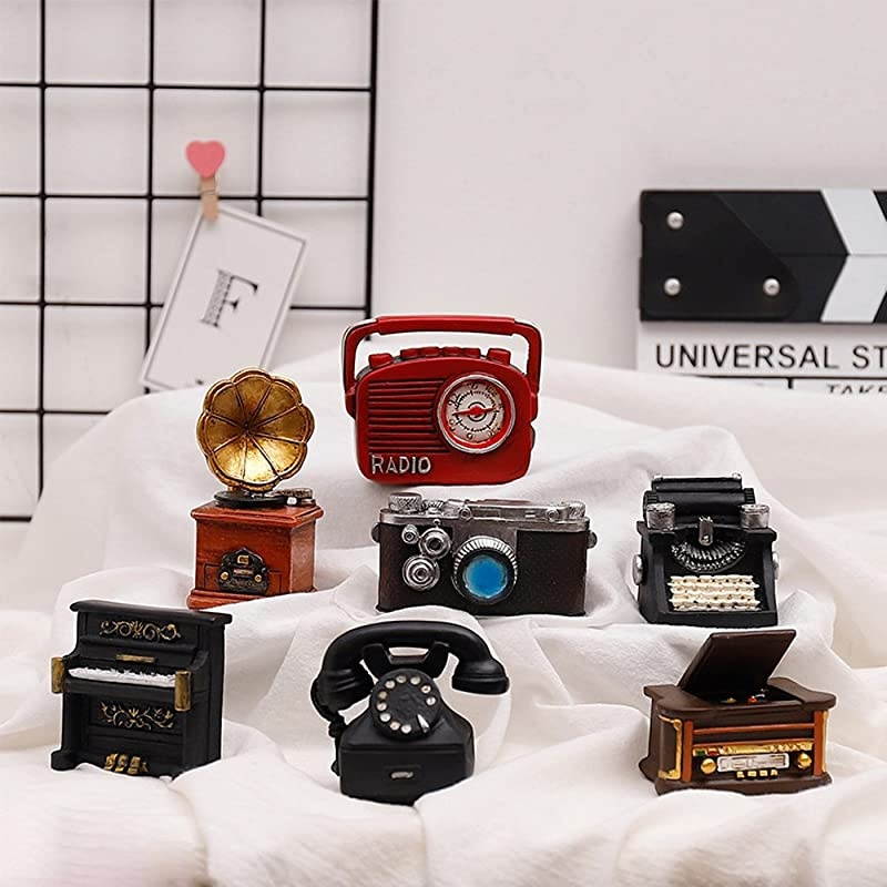 of 7 Creative Retro European Resin Figurin for Home Cafe Bar Window Decoration Children Toys and Gift (Incluing Telephones Typewriter Camera Piano Phonograph Radio and Sound Player)