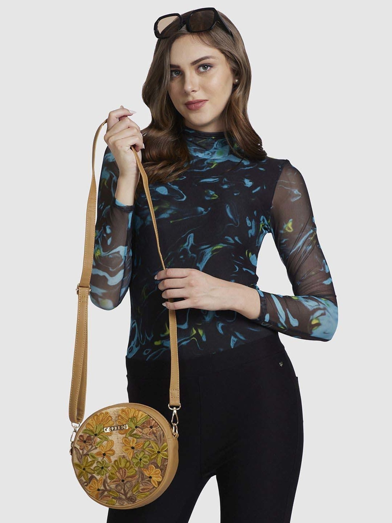 Caprese Tresna Beige Embroidered Medium Sling Handbag