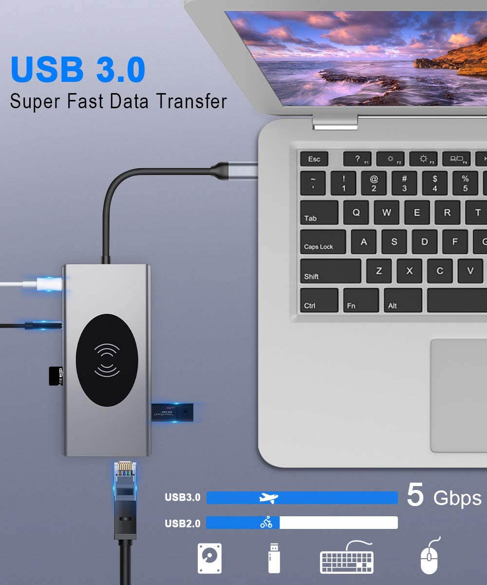 15 in 1 USB C Hub Multiport Adapter USB-C Docking Station with 4K HDMI, VGA, Ethernet, Wireless Charging, 100W PD, 3 USB 3.0, SD/TF Card Reader Compatible for MacBook Pro and More Type C Laptops