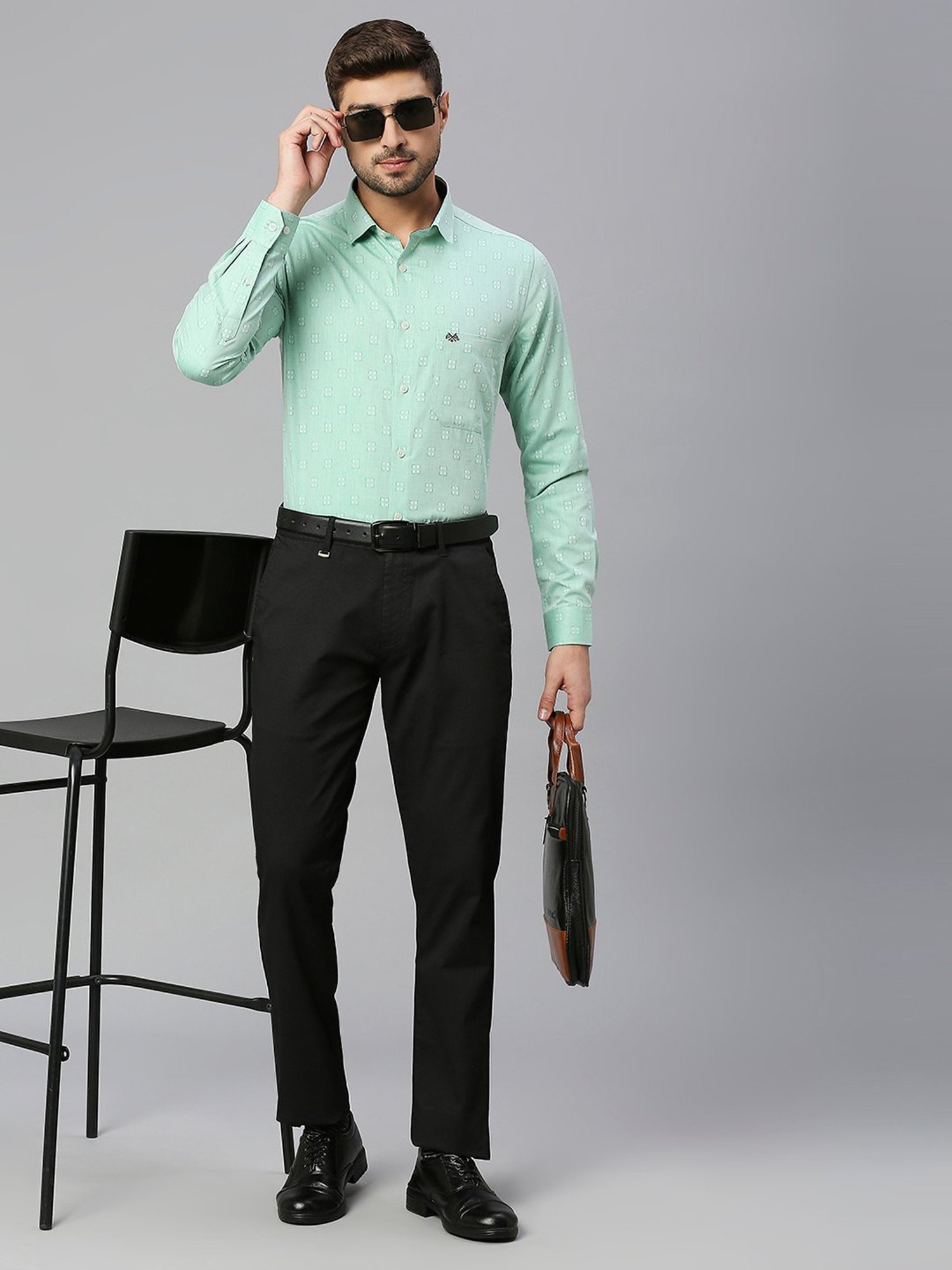 Thomas Scott Light Green Slim Fit Self Design Cotton Shirt