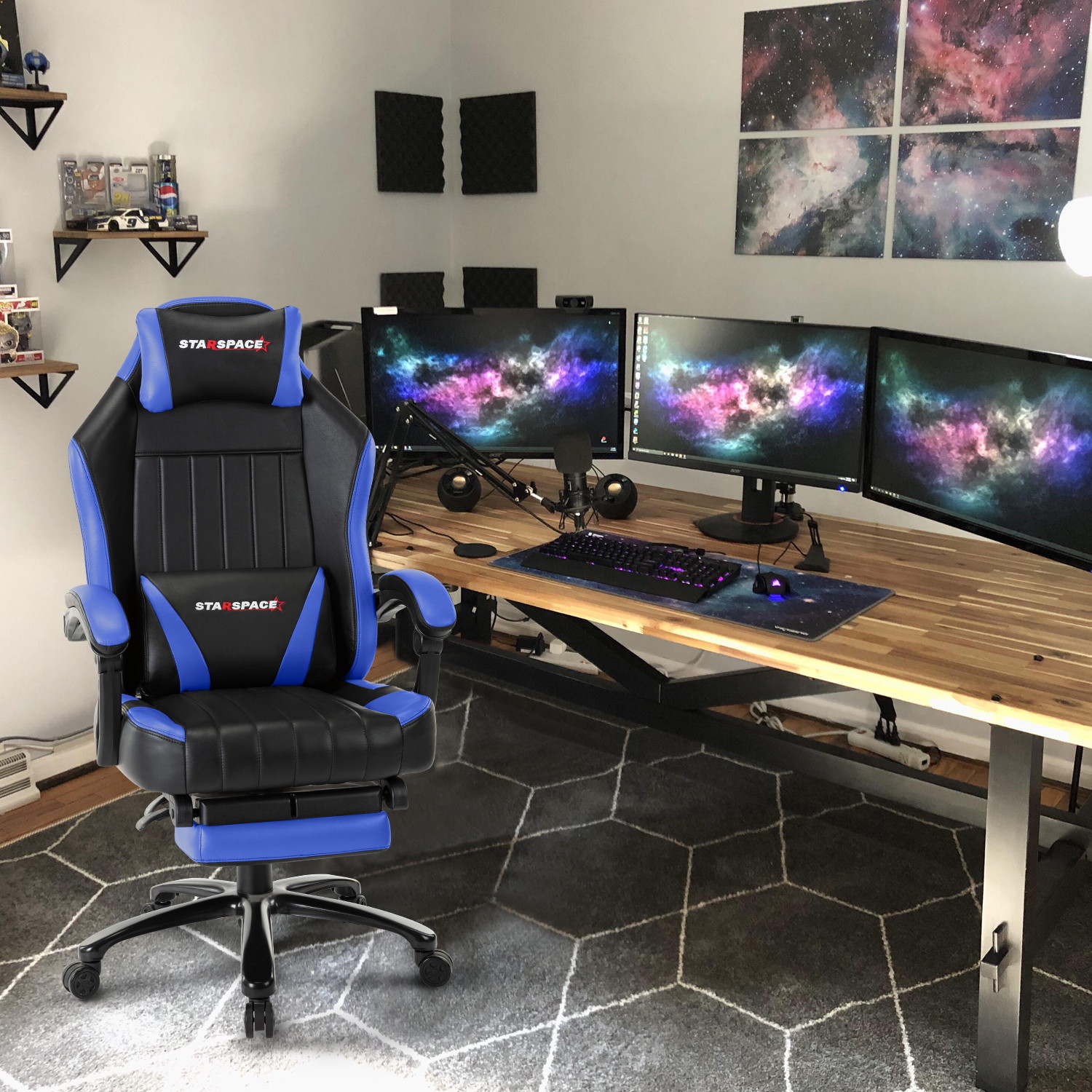 STRASPACE Big & Tall 400lb Memory Foam Reclining Gaming Chair Metal Base - Adjustable Back Angle and Retractable Footrest Ergonomic High-Back Leather Racing Executive Computer Desk Office Chair, Blue