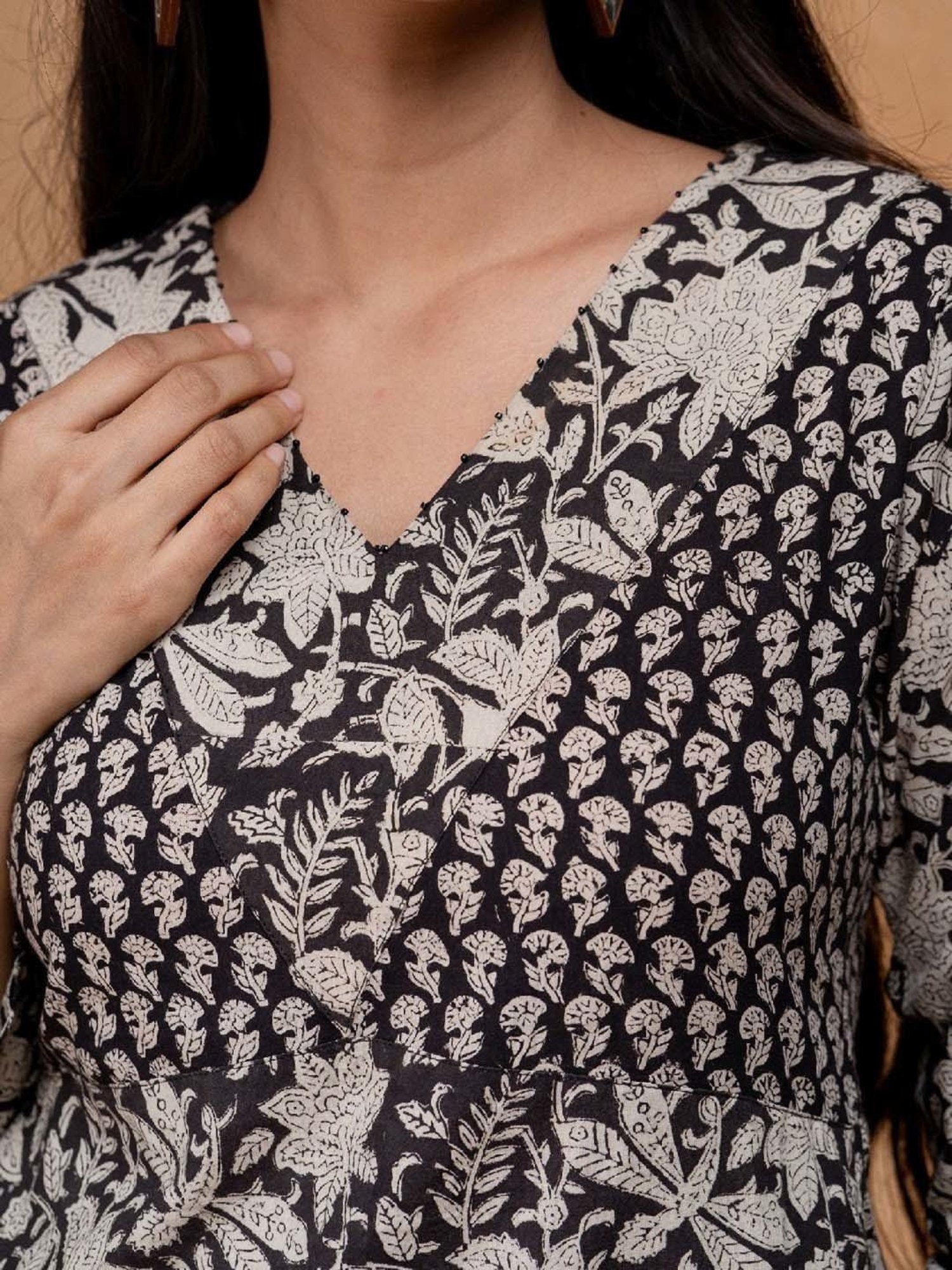 Okhai Black Floral Print Pure Cotton Ethnic Dress