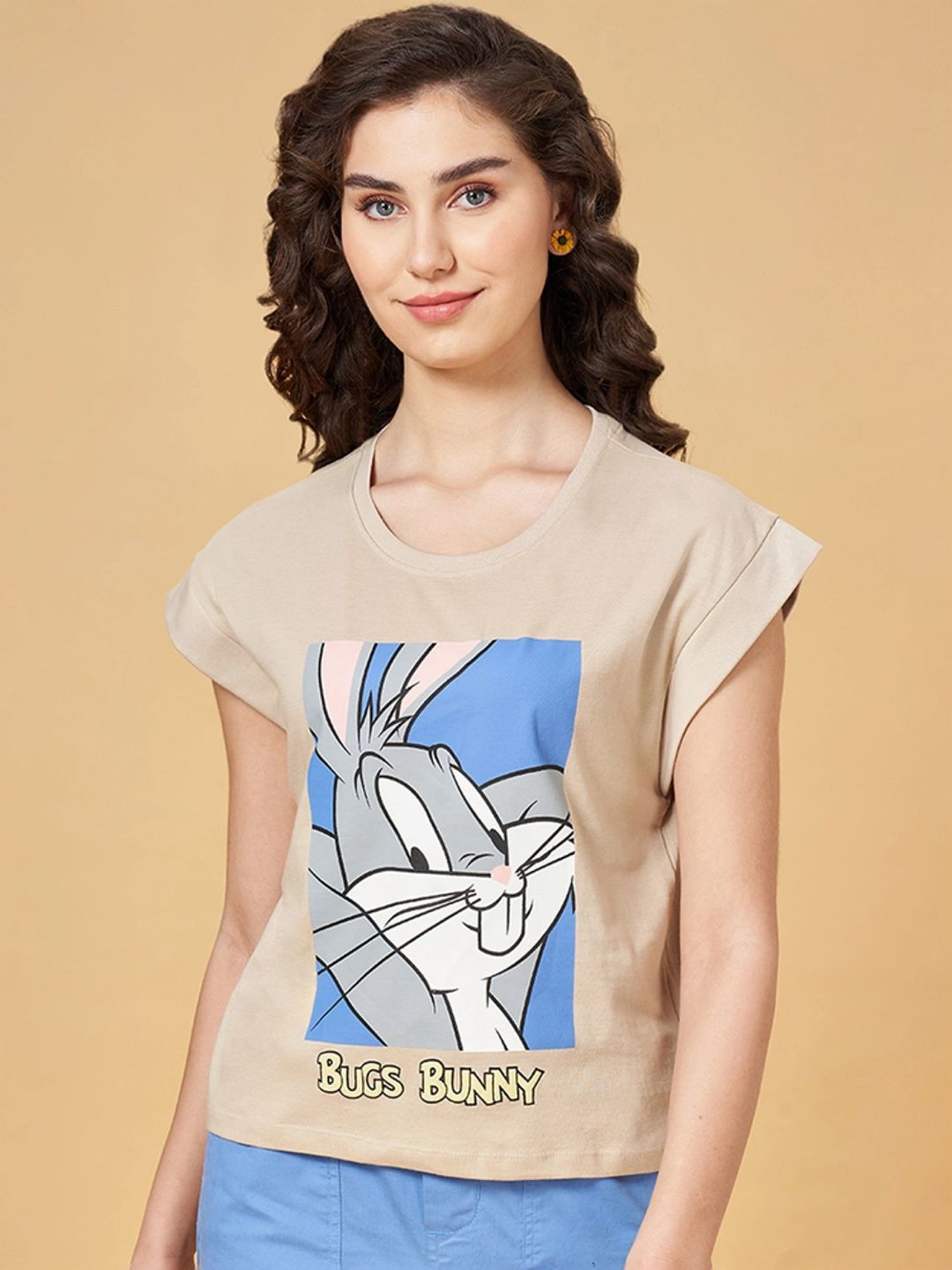 Honey by Pantaloons Khaki Cotton Printed T-Shirt