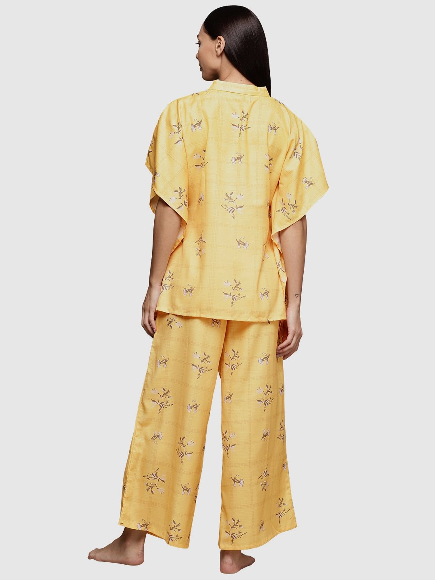 Ziyaa Yellow Floral Print Kaftan Pyjama Set