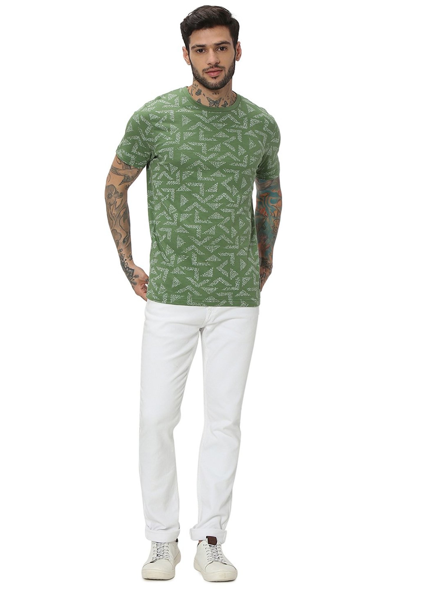 Mufti Green Slim Fit Printed Cotton Crew T-Shirt