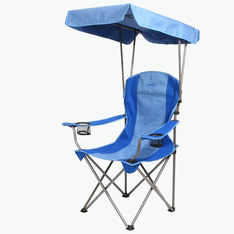 Kamp-Rite KAMPCC466 Outdoor Camping Furniture Beach Patio Sports Folding Quad Lawn Chair with Shade Canopy and Cup Holders, Blue