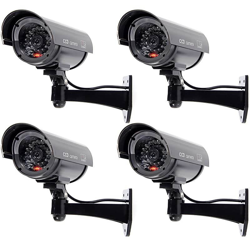 Bullet Dummy Fake Surveillance Security CCTV Dome Camera Indoor Outdoor 1 Flashing LED Light and Security Alert Sticker Decals Wl-B1-4 (Black), 4 Pack