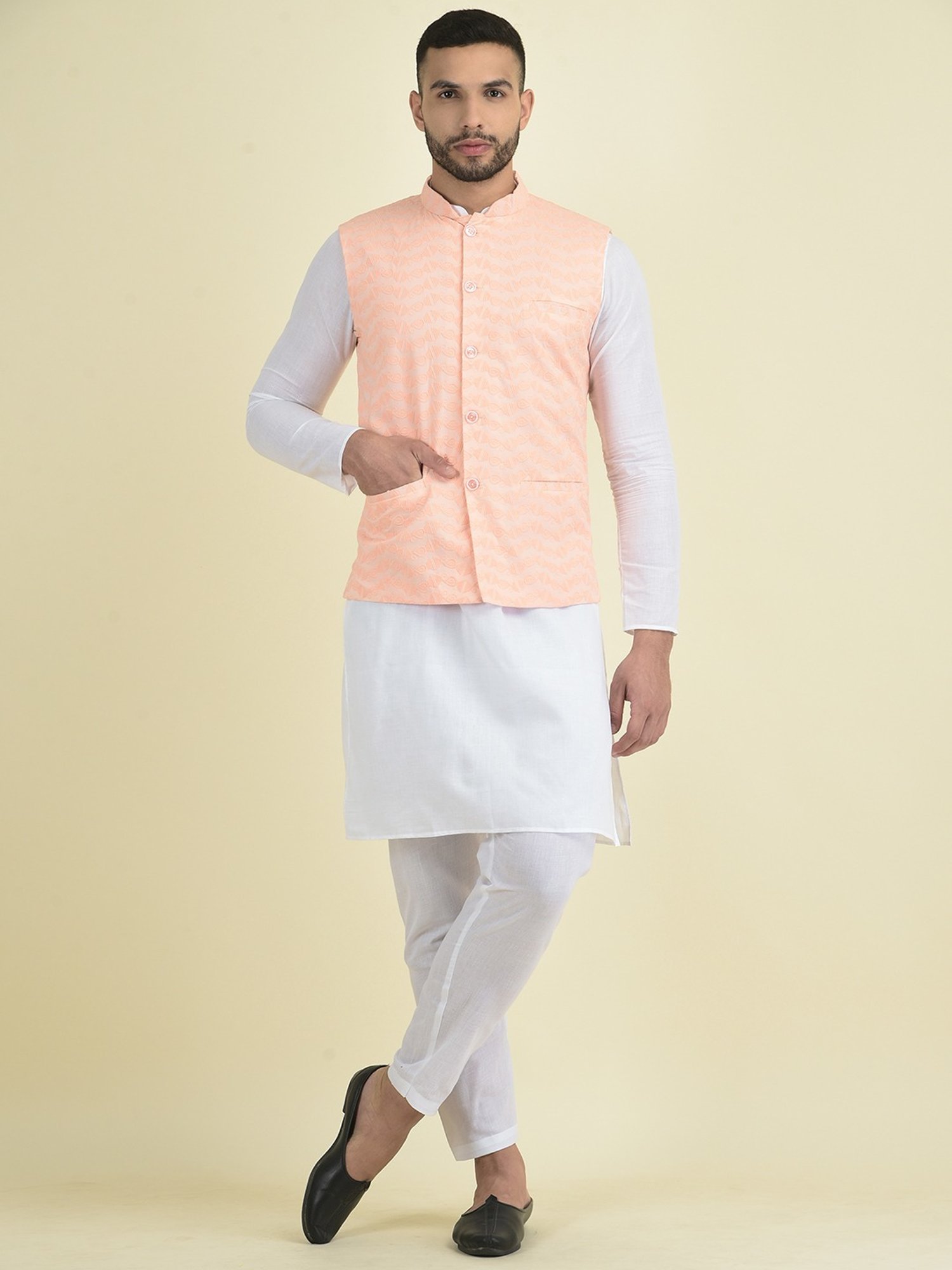 Deyann Peach & White Cotton Regular Fit Embroidered Kurta Set With Jacket