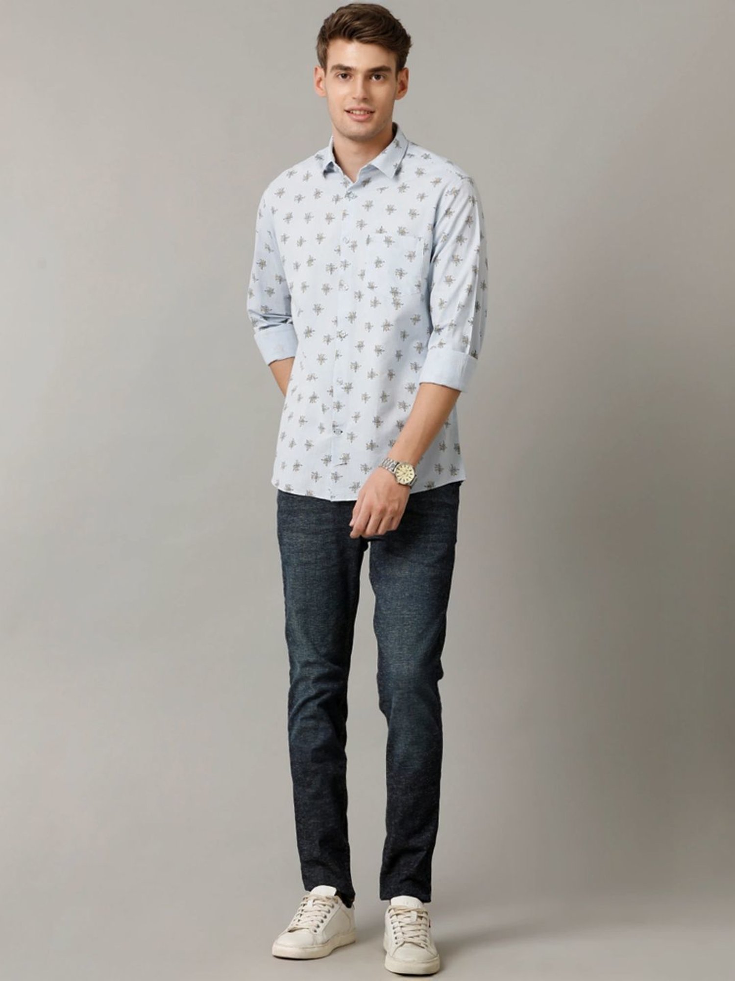 Cavallo By Linen Club Blue Linen Contemporary Fit Printed Shirt