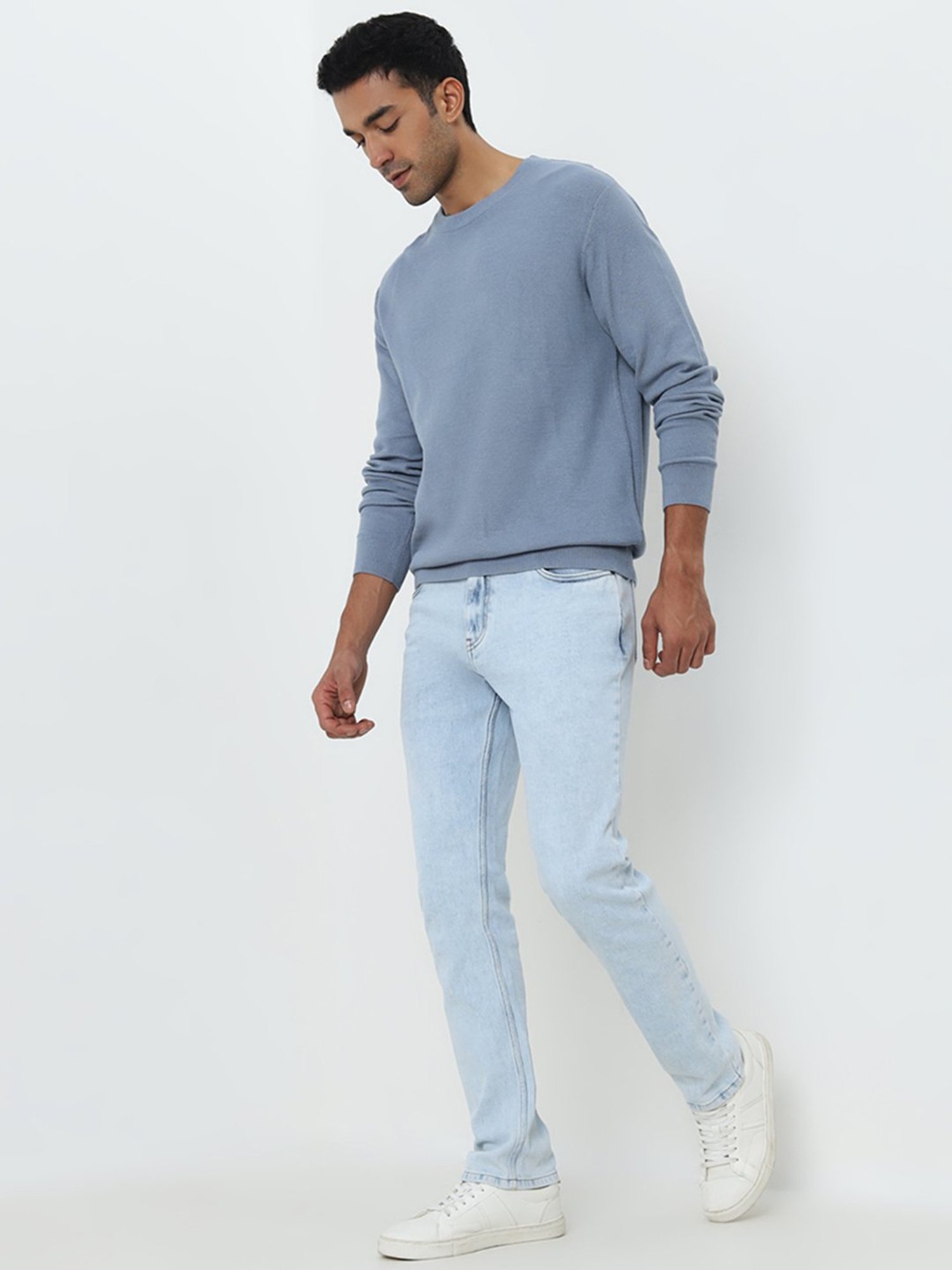 WES Formals by Westside Dusty Blue Slim-Fit Knit-Textured Sweaters