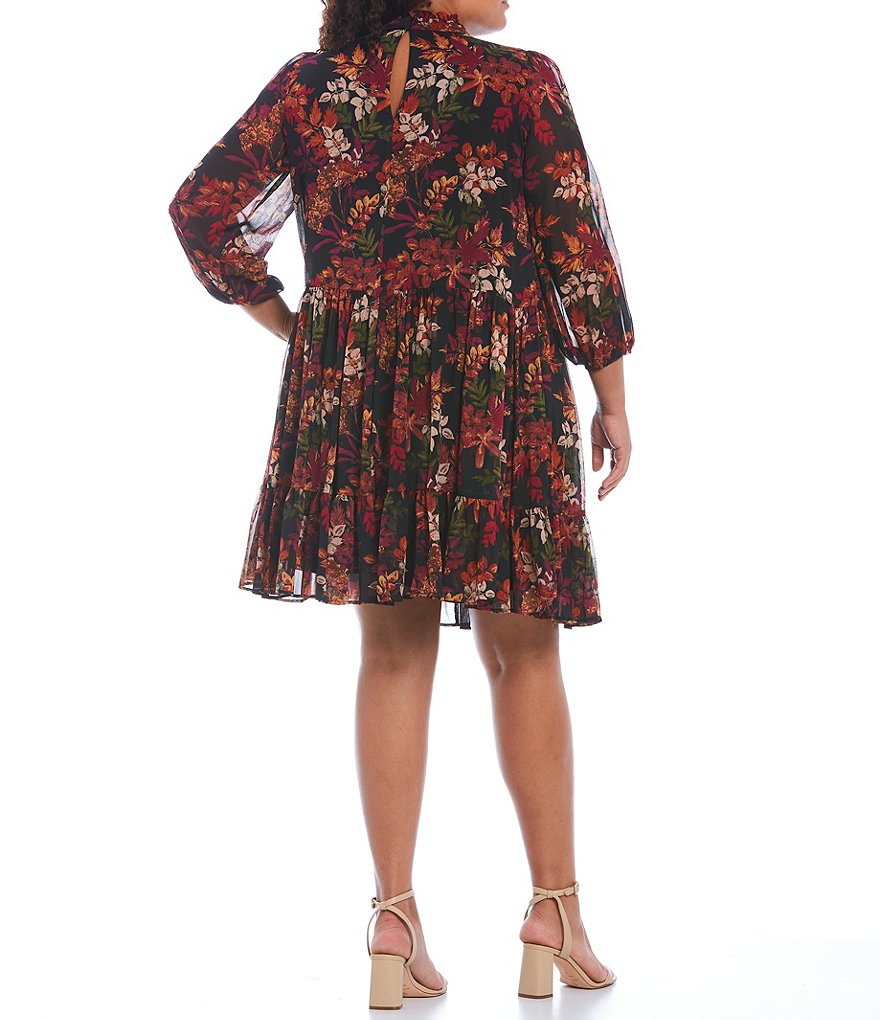 Maison Tara Plus Size Floral Ruffle Mock Neck Long Sleeve Chiffon Tiered Trapeze Dress